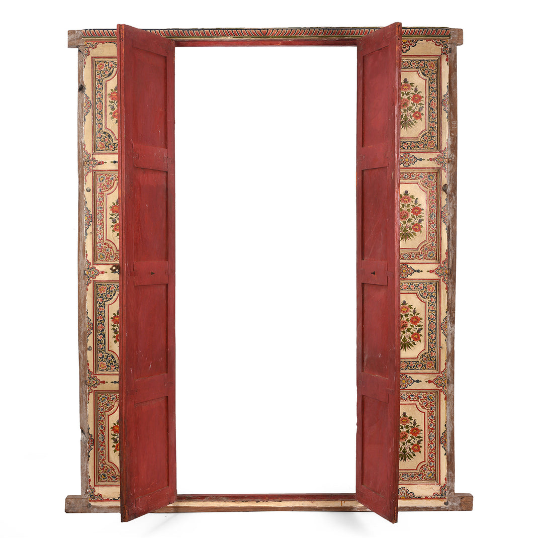 Open Doors View Of Antique Painted Chintz Door Panel From Bikaner | Indigo Antiques
