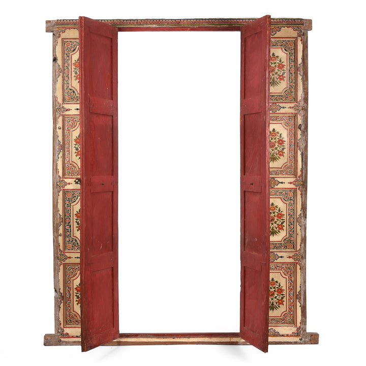 Open Doors View Of Antique Painted Chintz Door Panel From Bikaner | Indigo Antiques