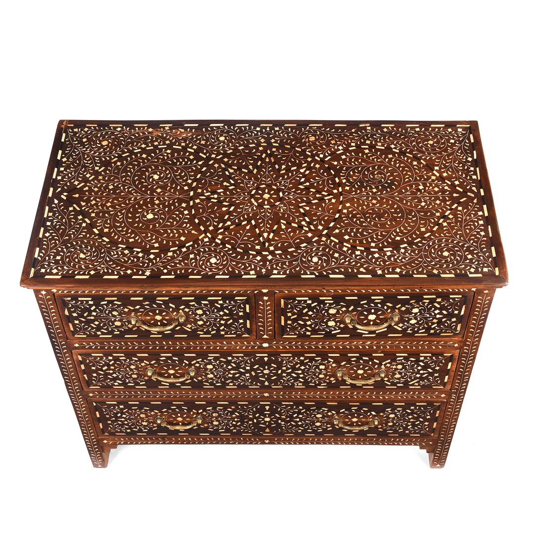Top Down View Of Antique Chest Of Drawers - Teak With Bone Inlay - Ca 1920 | Indigo Antiques