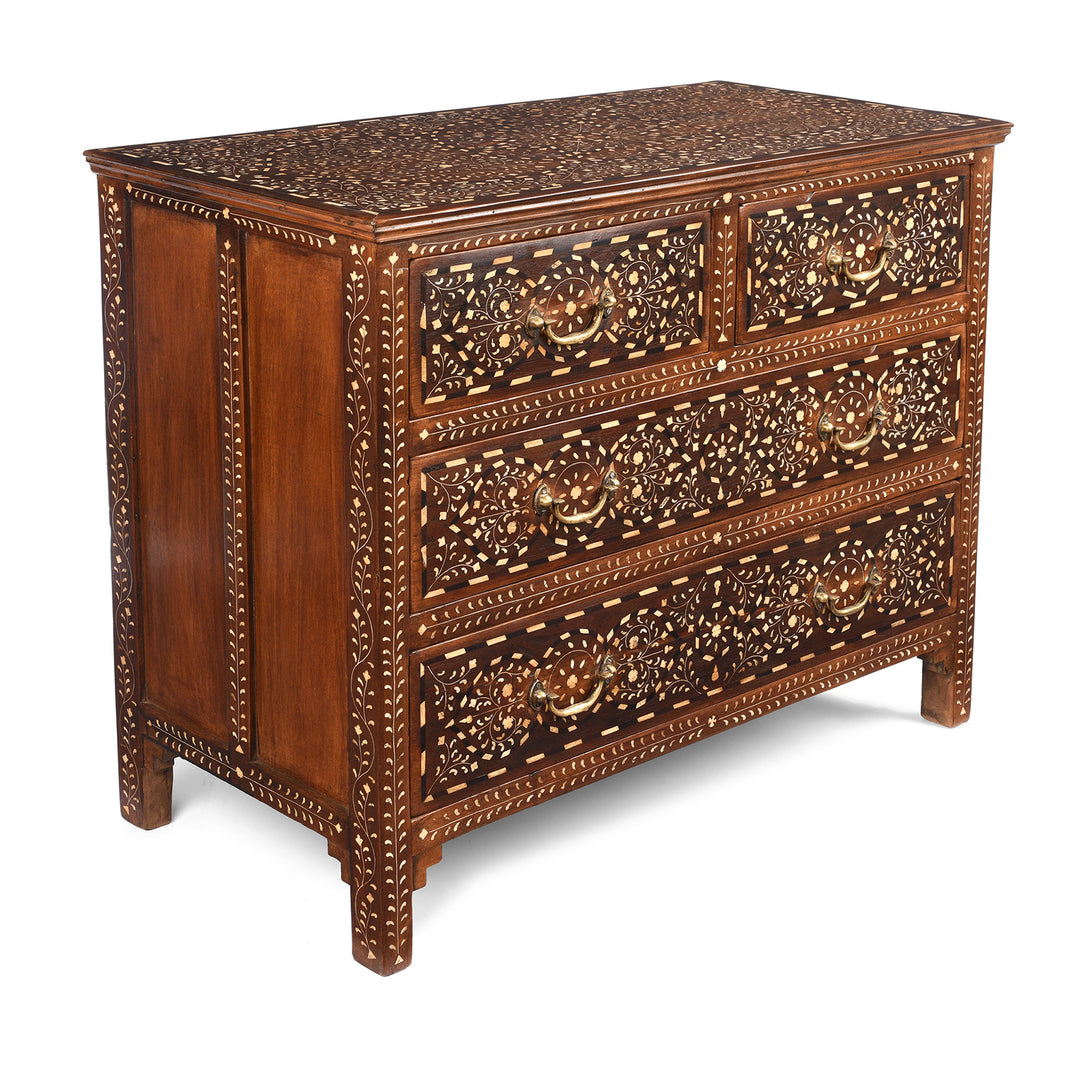 Angled View Of Antique Chest Of Drawers - Teak With Bone Inlay - Ca 1920 | Indigo Antiques