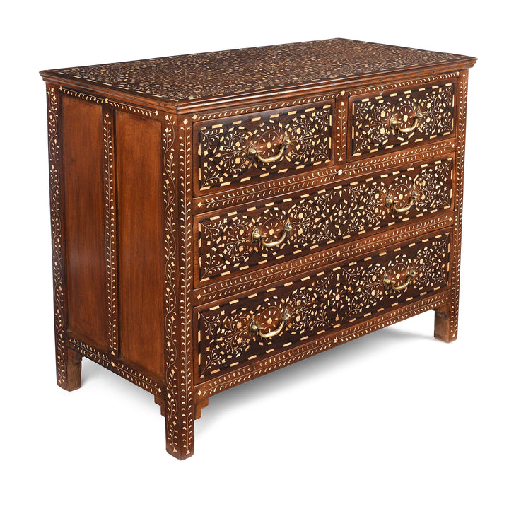 Angled View Of Antique Chest Of Drawers - Teak With Bone Inlay - Ca 1920 | Indigo Antiques