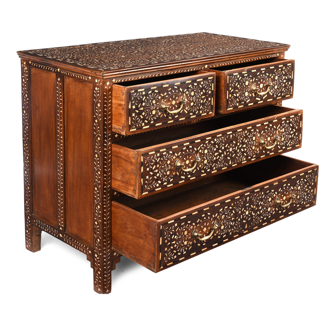 Drawer View Of Antique Chest Of Drawers - Teak With Bone Inlay - Ca 1920 | Indigo Antiques