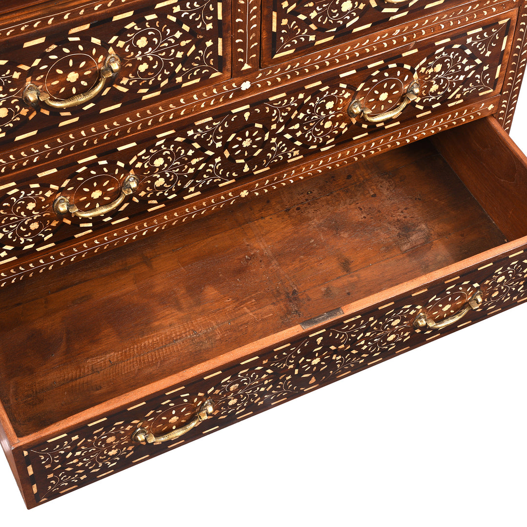 Drawer Detail From Antique Chest Of Drawers - Teak With Bone Inlay - Ca 1920 | Indigo Antiques