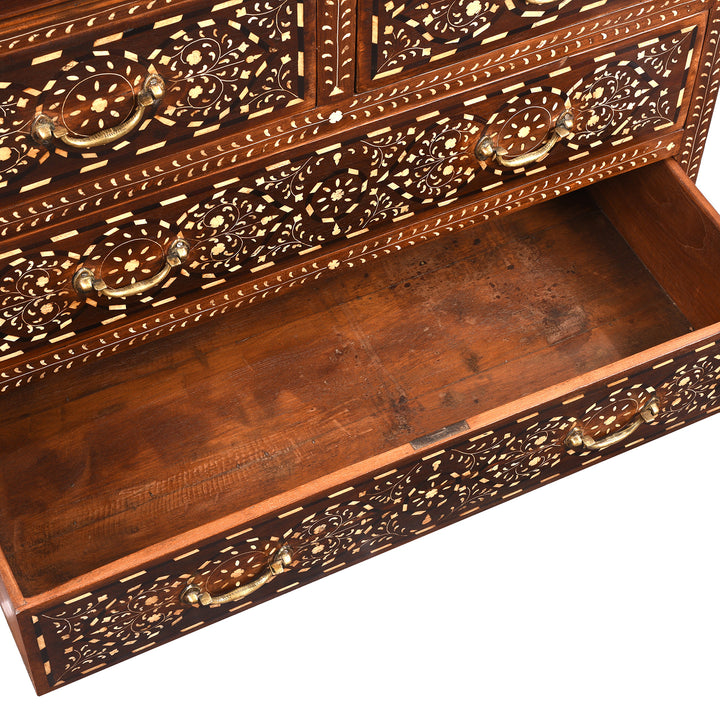 Drawer Detail From Antique Chest Of Drawers - Teak With Bone Inlay - Ca 1920 | Indigo Antiques