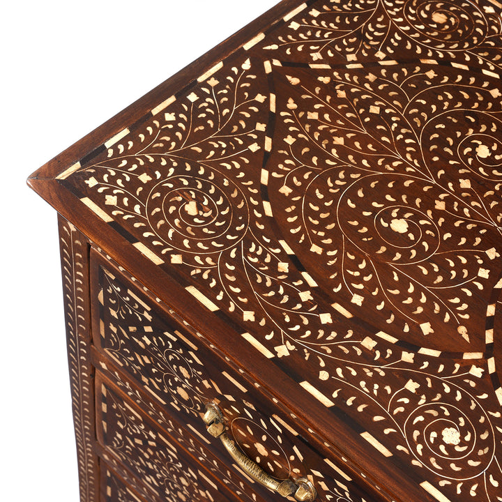 Corner Detail From Antique Chest Of Drawers - Teak With Bone Inlay - Ca 1920 | Indigo Antiques