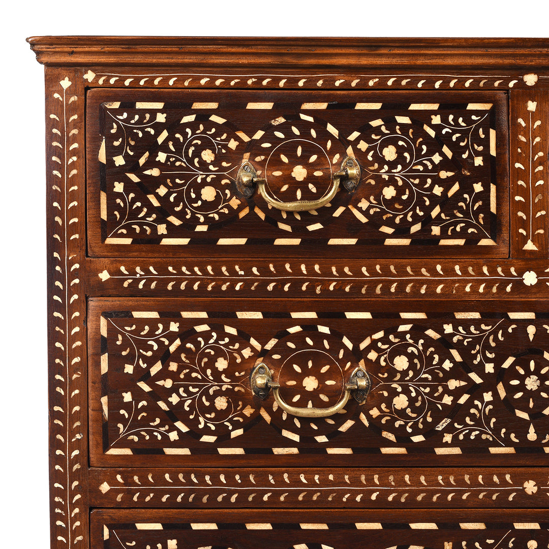 Corner Detail From Antique Chest Of Drawers - Teak With Bone Inlay - Ca 1920 | Indigo Antiques