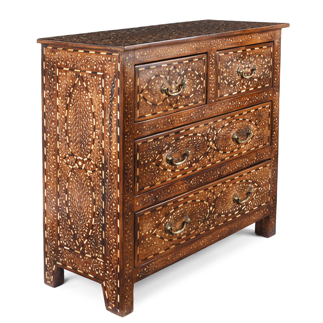 Angled View Of Indian Bone Inlay Chest Of Drawers | Indigo Antiques