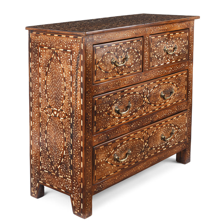 Angled View Of Indian Bone Inlay Chest Of Drawers | Indigo Antiques