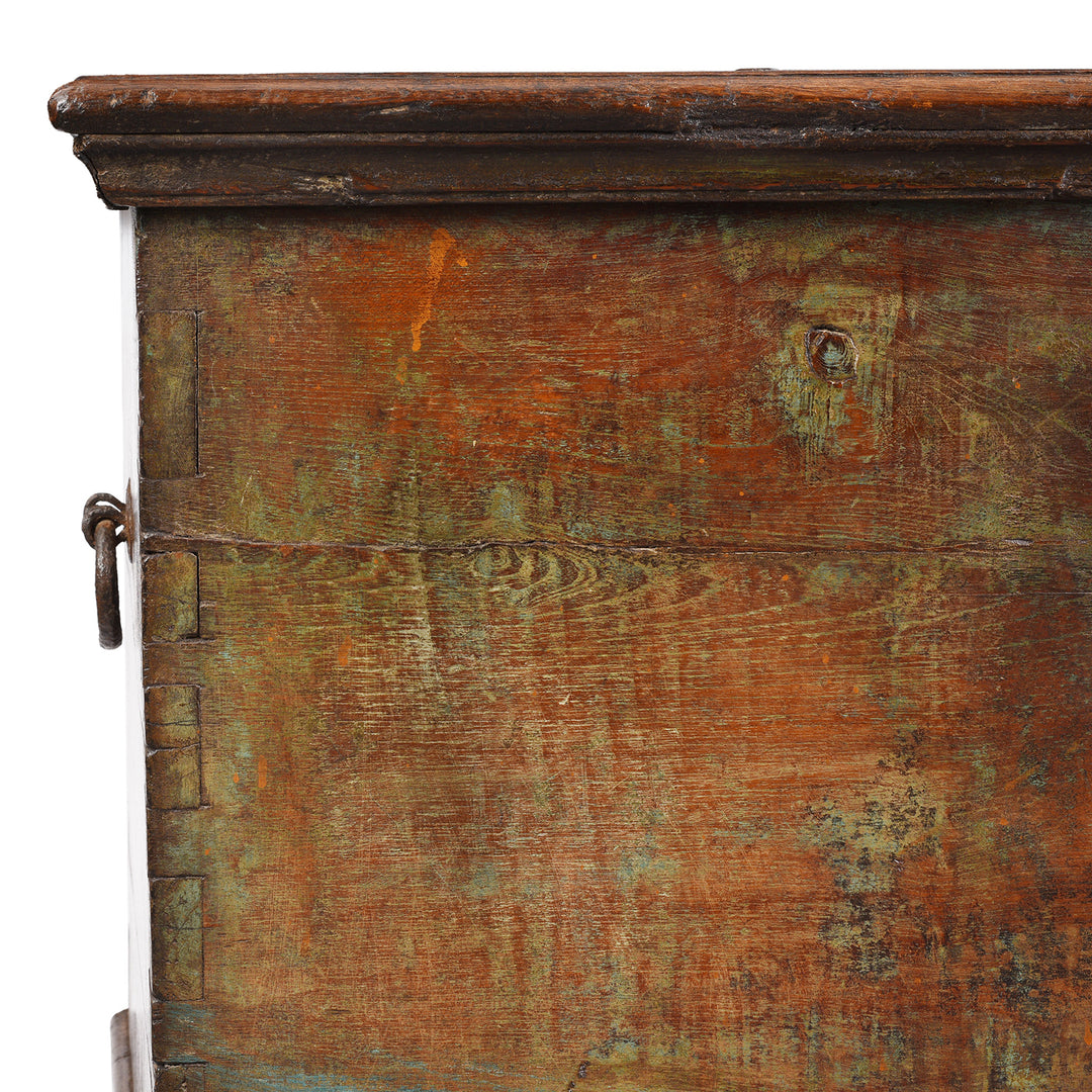 Corner Detail From Antique Blue Painted Indian Chest | Indigo Antiques