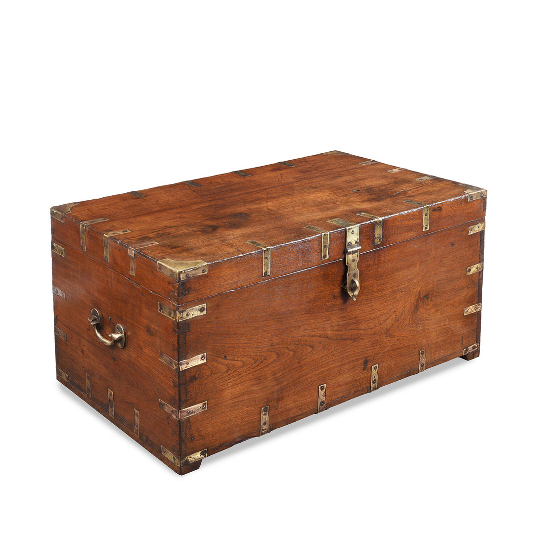Angled View Of Antique Brass Bound Teak Military Chest From Rajasthan | Indigo Antiques