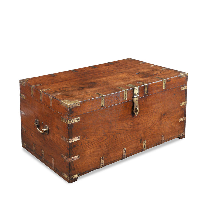 Angled View Of Antique Brass Bound Teak Military Chest From Rajasthan | Indigo Antiques