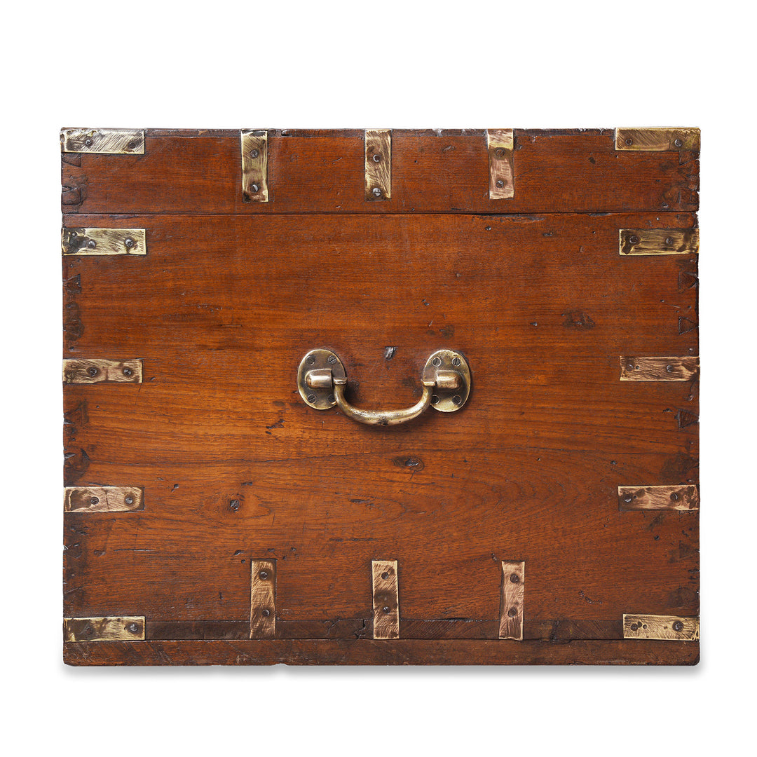 Side VIew Showing Handle On Antique Brass Bound Teak Military Chest From Rajasthan | Indigo Antiques