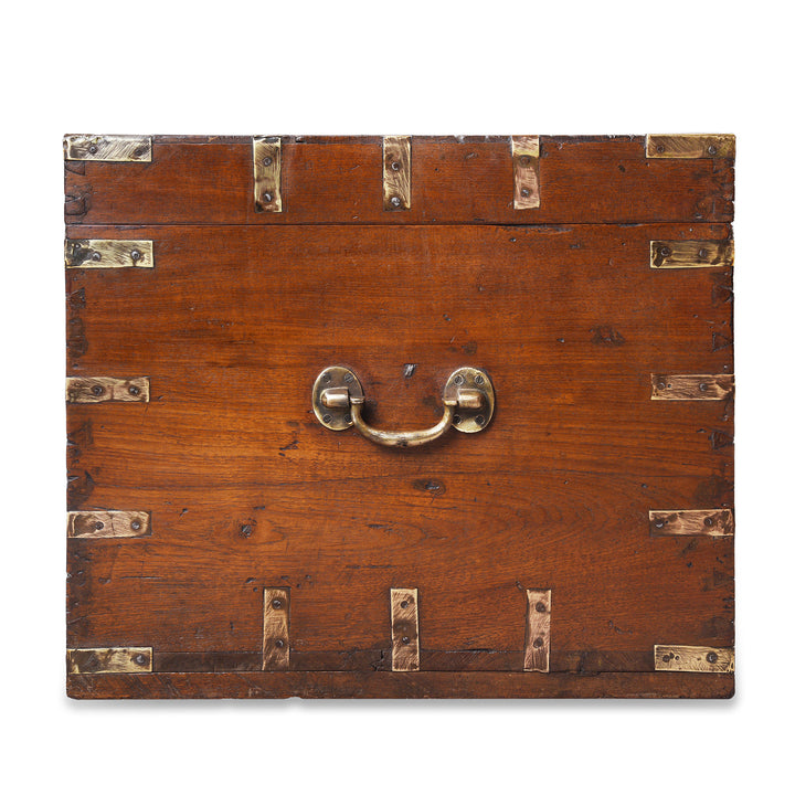 Side VIew Showing Handle On Antique Brass Bound Teak Military Chest From Rajasthan | Indigo Antiques