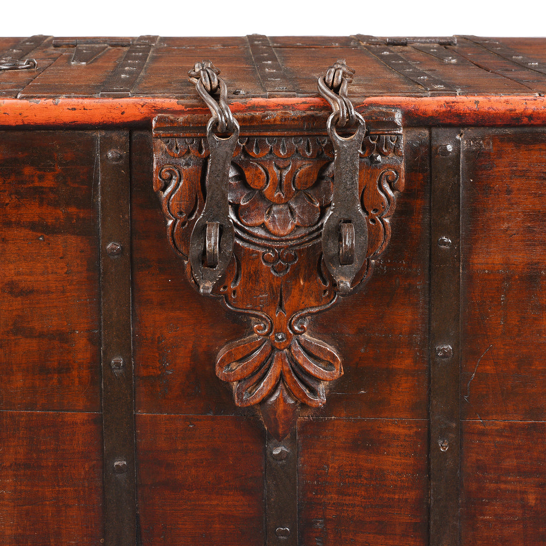 Locking Plate Detail From Antique Indian Brass Bound Teak Chest On Wheels | Indigo Antiques