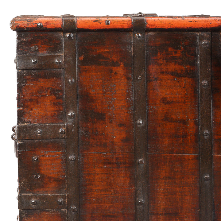 Corner Detail Showing Binding And Patina From Antique Indian Brass Bound Teak Chest On Wheels | Indigo Antiques