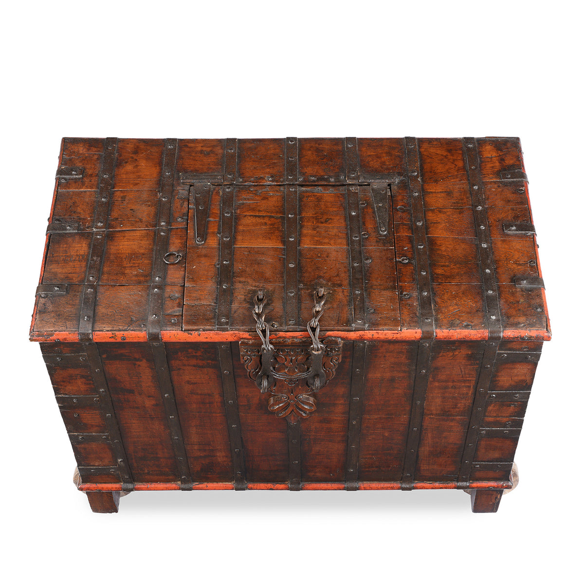 Top Down View Of Antique Indian Brass Bound Teak Chest On Wheels | Indigo Antiques