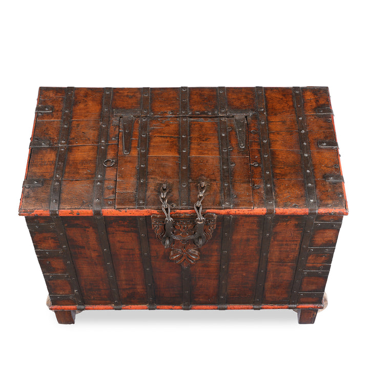 Top Down View Of Antique Indian Brass Bound Teak Chest On Wheels | Indigo Antiques