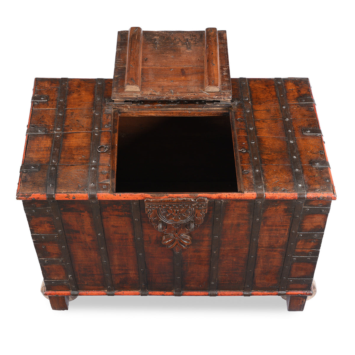 Open View Of Antique Indian Brass Bound Teak Chest On Wheels | Indigo Antiques