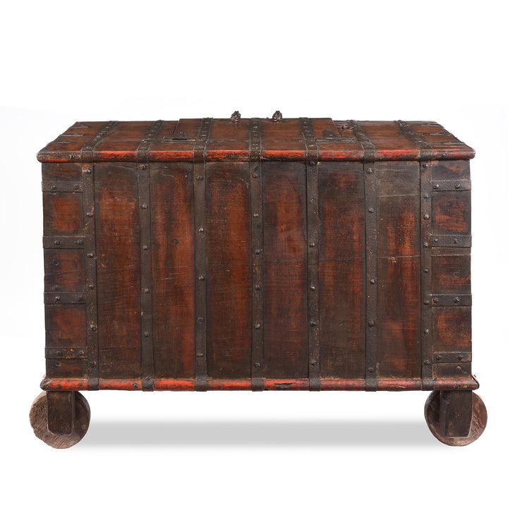 Back Of Antique Indian Brass Bound Teak Chest On Wheels | Indigo Antiques