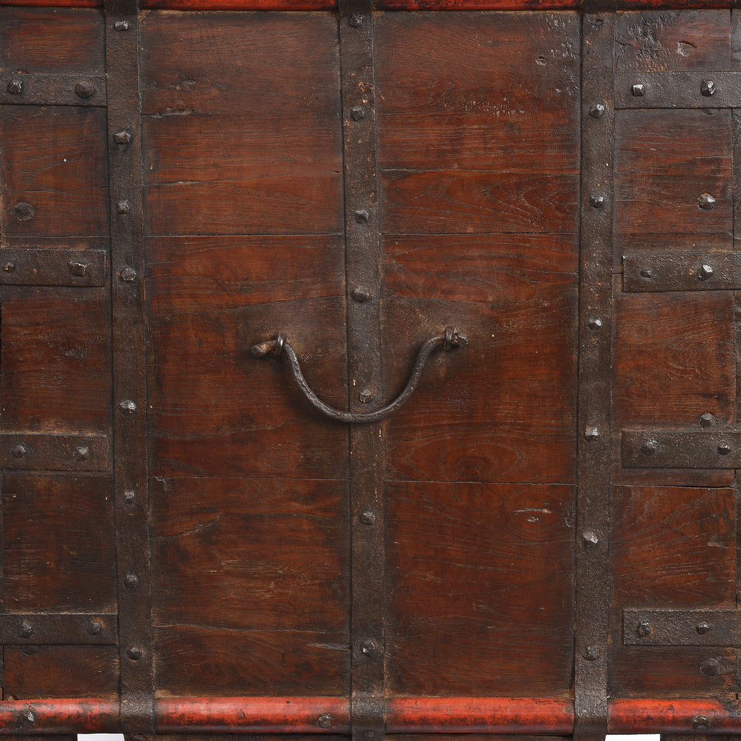 Handle Detail From Antique Indian Brass Bound Teak Chest On Wheels | Indigo Antiques