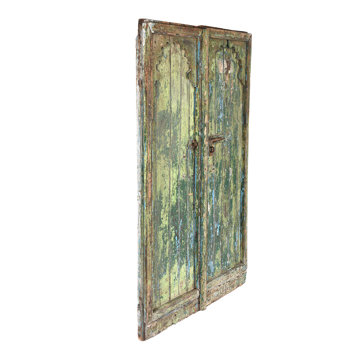 Angled View Of Carved Door With Original Paint From Gujarat | Indigo Antiques