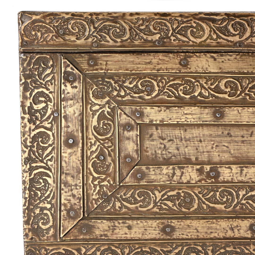 Corner Detail Displayng Detching Design From Antique Brass Bound Merchants Box From Shekhawati  | Indigo Antiques