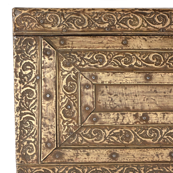 Corner Detail Displayng Detching Design From Antique Brass Bound Merchants Box From Shekhawati  | Indigo Antiques