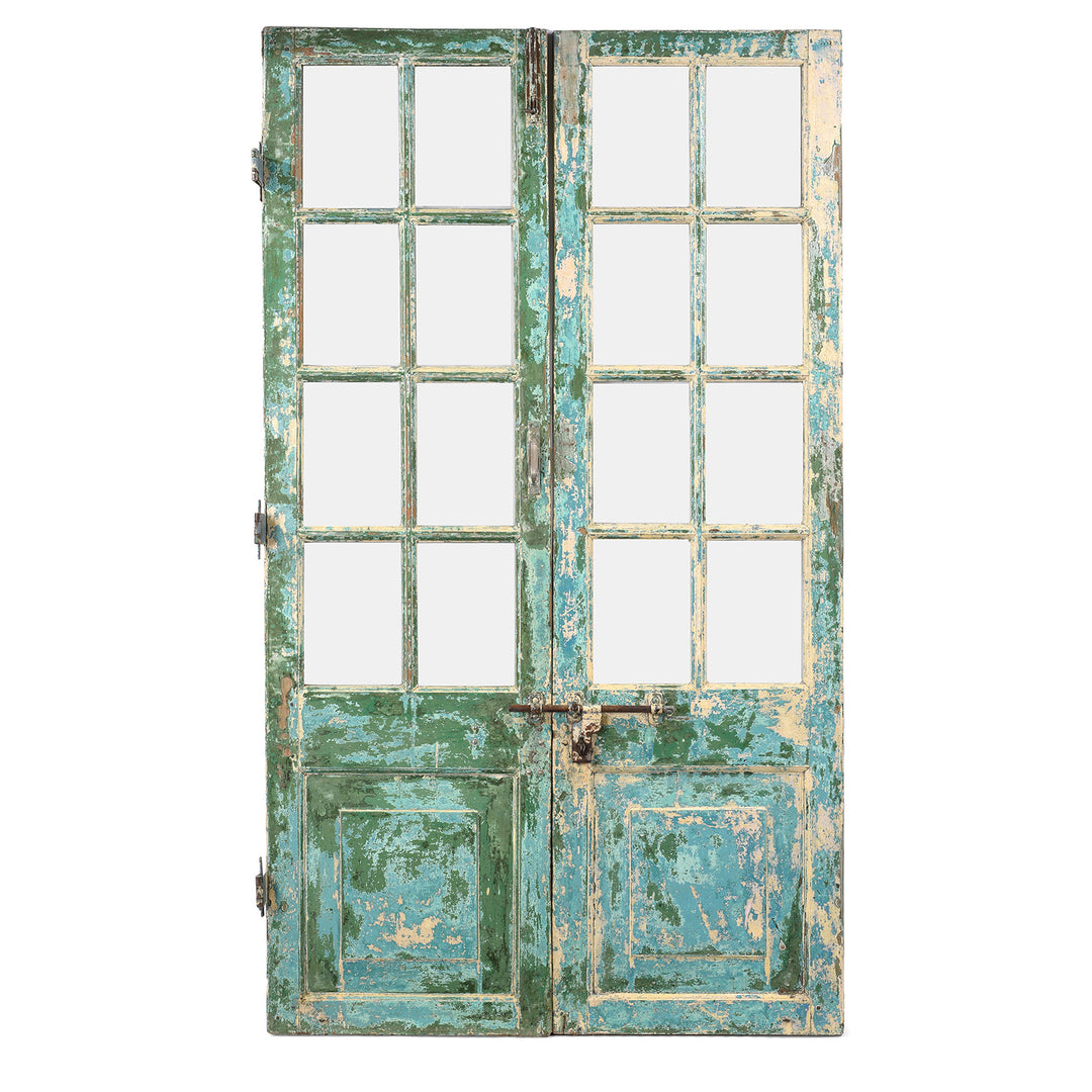 Antique Indian Green Painted Glass Panelled Door | Indigo Antiques