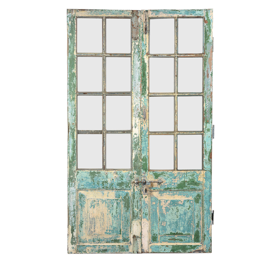 Back Of Antique Indian Green Painted Glass Panelled Door | Indigo Antiques