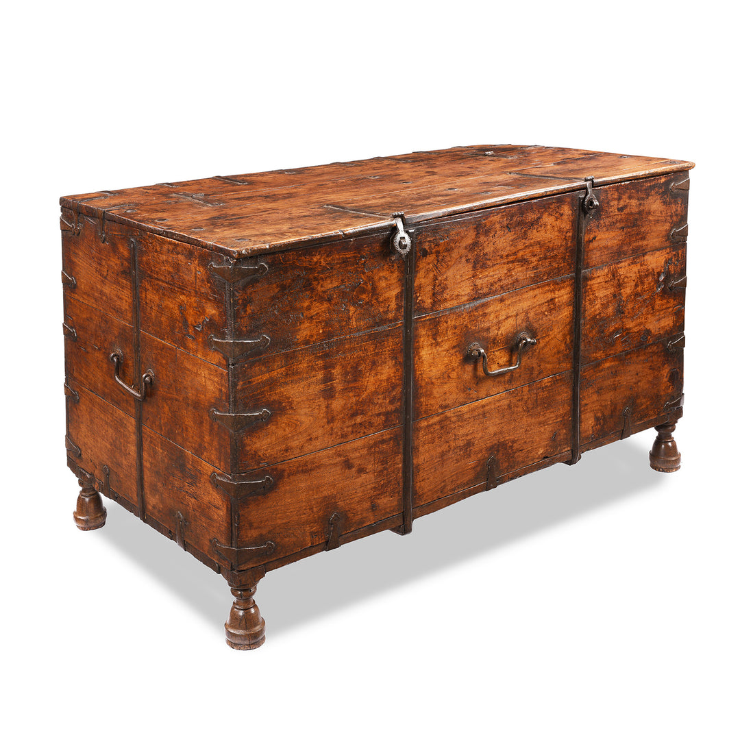 Angled VIew Of Antique Brass Bound Teak Military Chest | Indigo Antiques