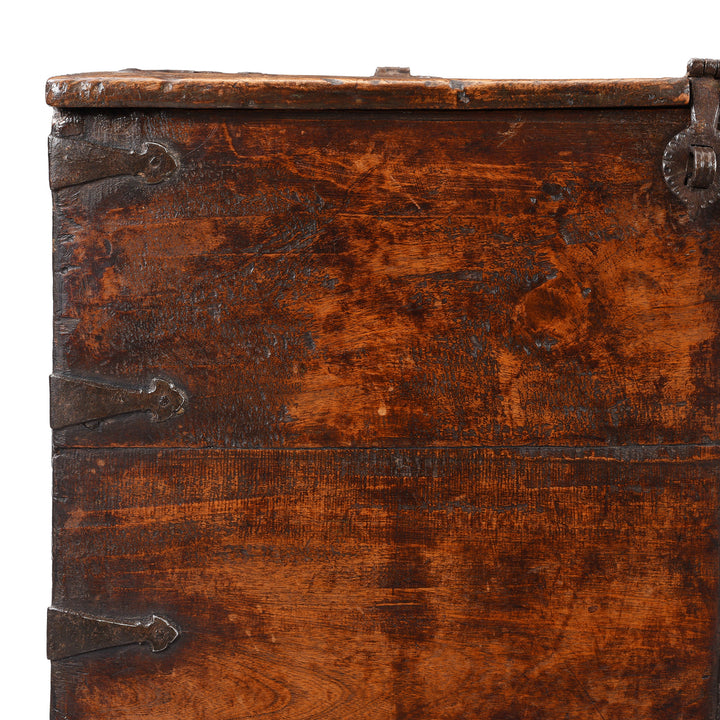 Corner Detail From Antique Brass Bound Teak Military Chest | Indigo Antiques