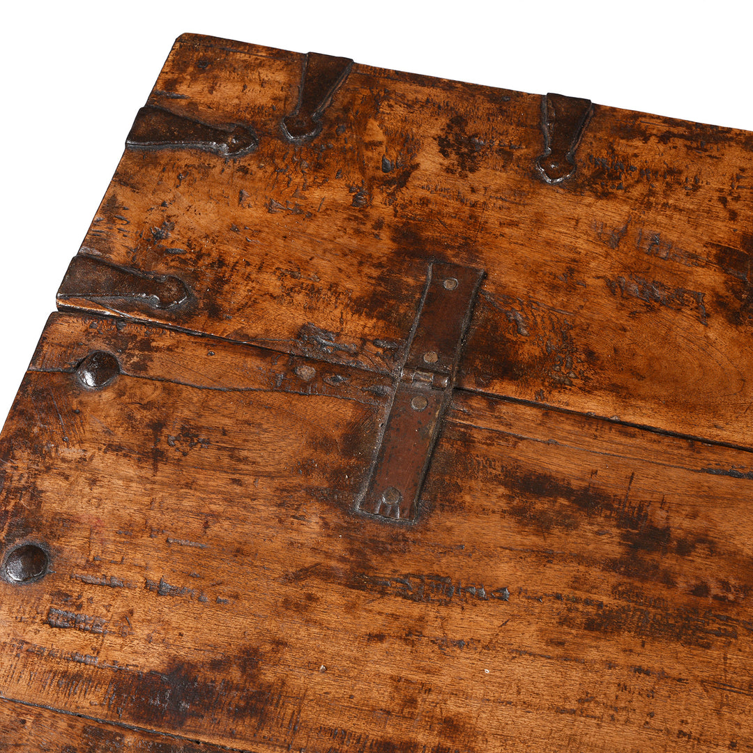 Top Detail From Antique Brass Bound Teak Military Chest | Indigo Antiques