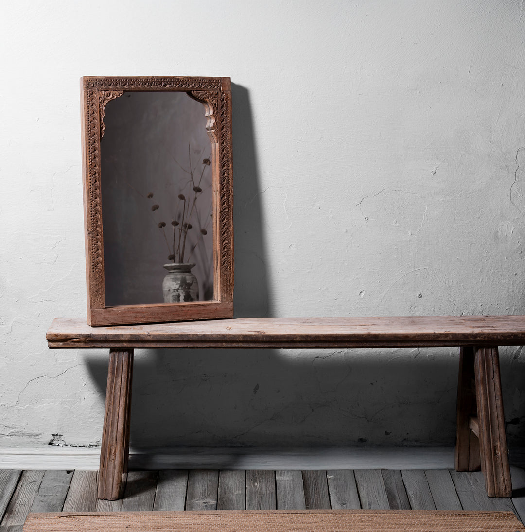 Rustic wabi sabi mirror on a Chinese bench - the perfect farmhouse staple