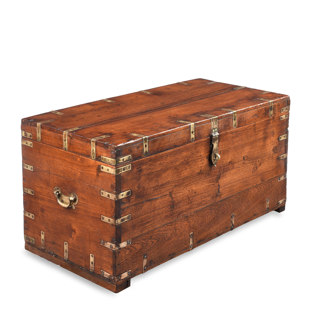Side View Antique Brass Bound Teak Indian Military Chest | Indigo Antiques