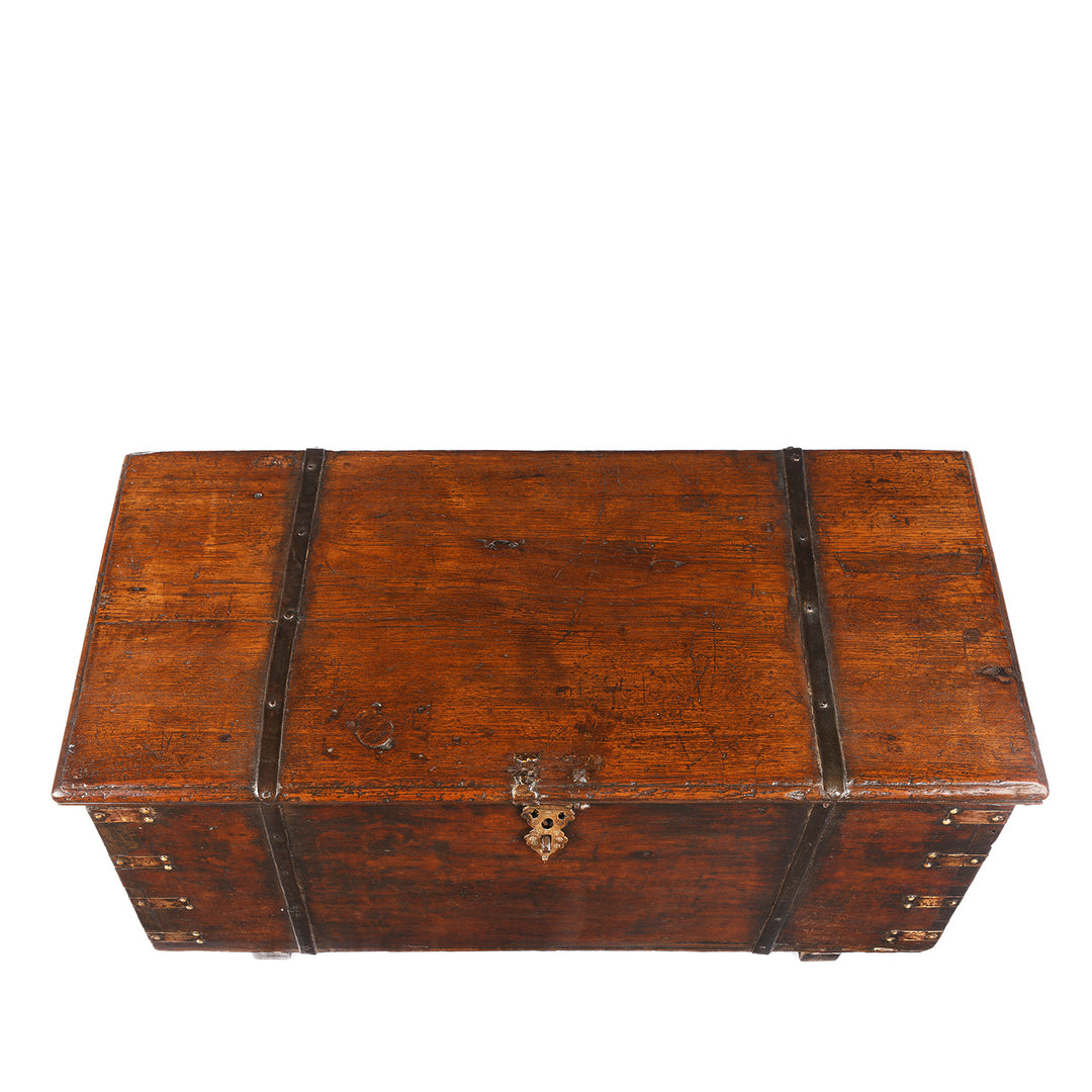 Top Down View Of Antique Brass Bound Teak Chest From Kutch | Indigo Antiques