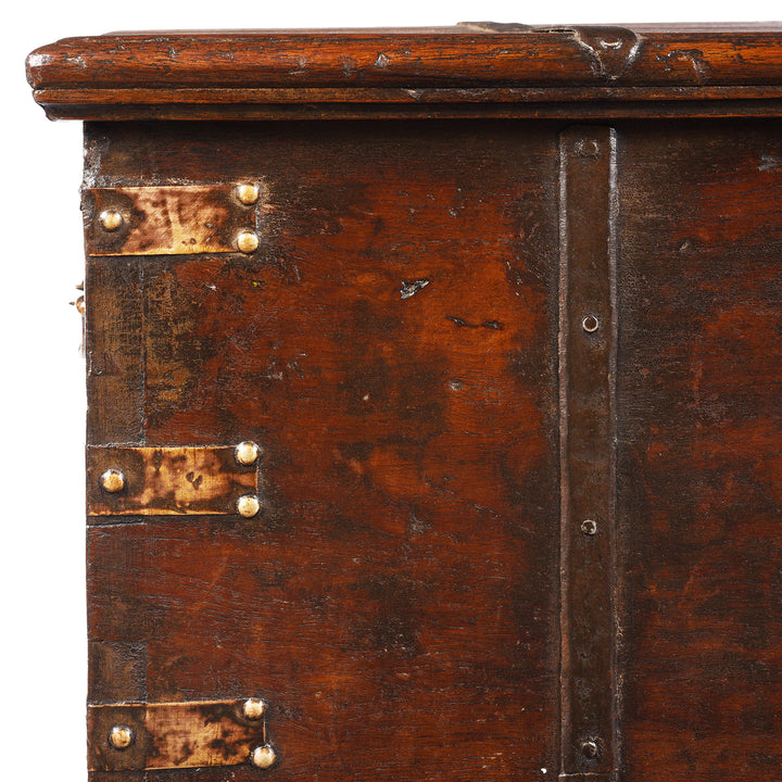 Corner Detail Showing Binding Fromm Antique Brass Bound Teak Chest From Kutch | Indigo Antiques
