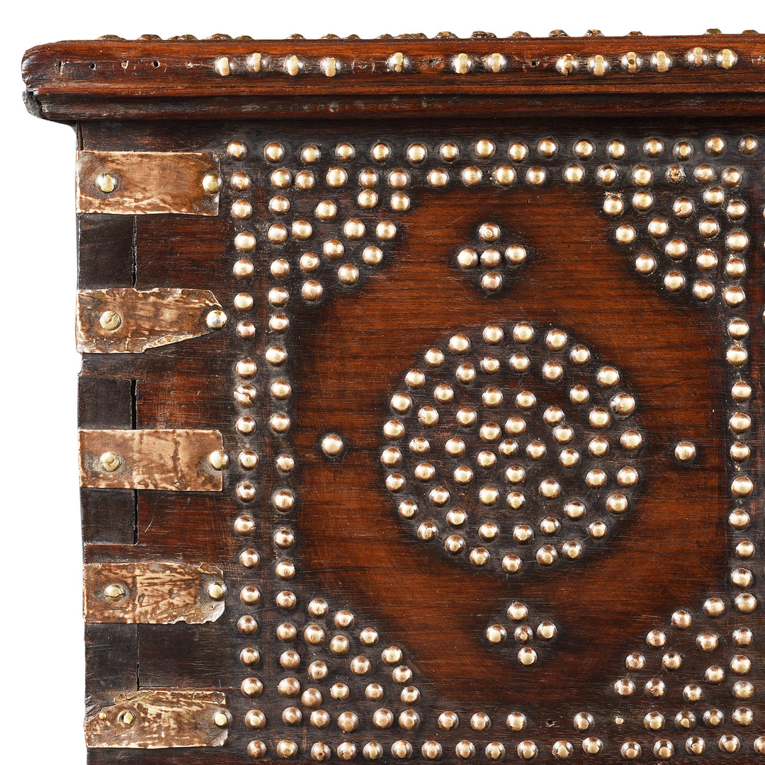 Corner Detail From Antique Rosewood Studded 'Zanzibar' Chest From Kutch | Indigo Antiques