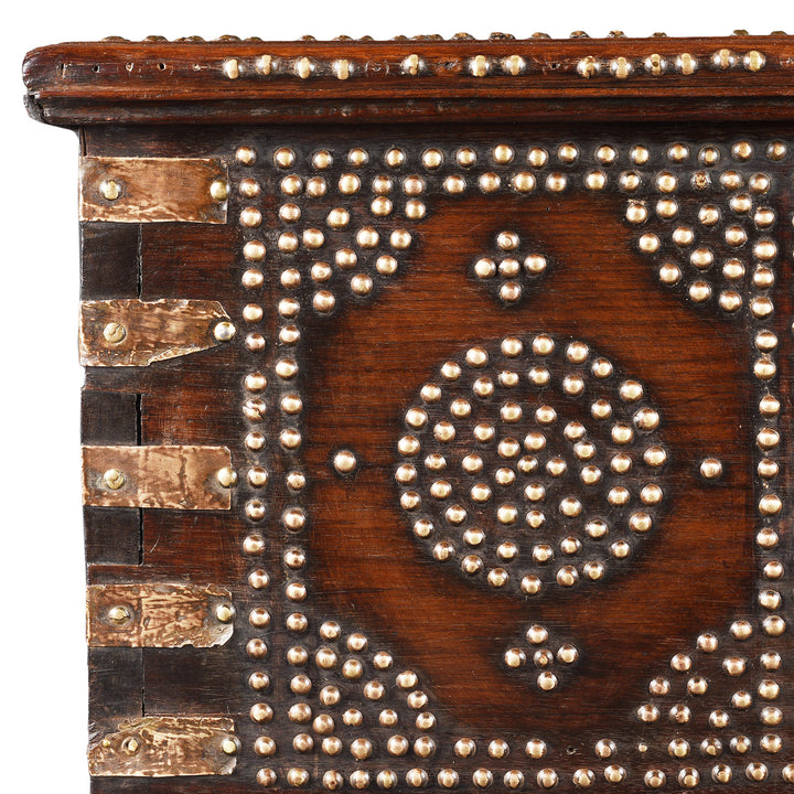 Corner Detail From Antique Rosewood Studded 'Zanzibar' Chest From Kutch | Indigo Antiques