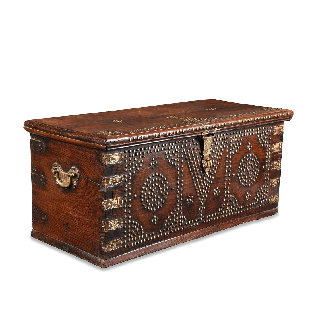Angled View Of Antique Rosewood Studded 'Zanzibar' Chest From Kutch | Indigo Antiques