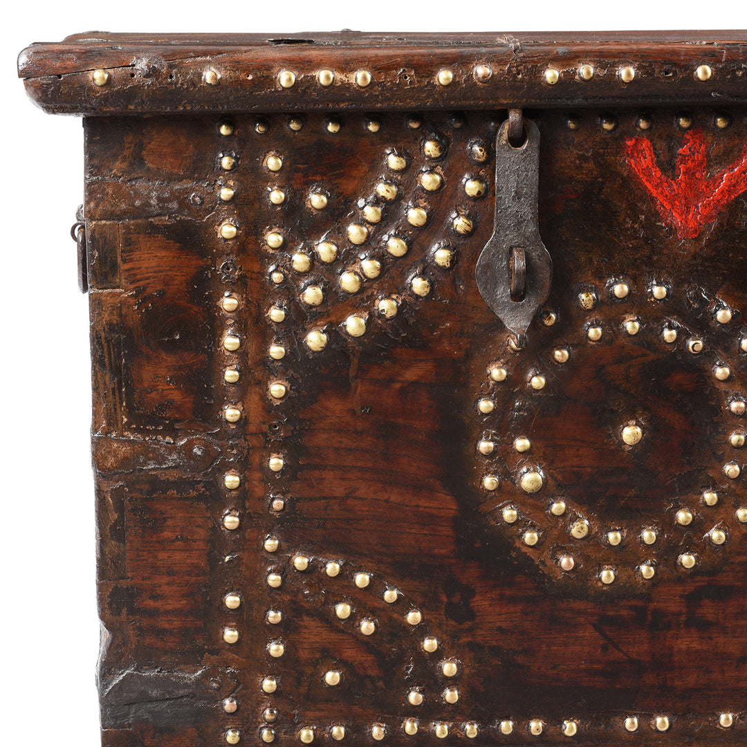 Corner Detail From Antique Rosewood Studded 'Zanzibar' Chest From Kutch | Indigo Antiques