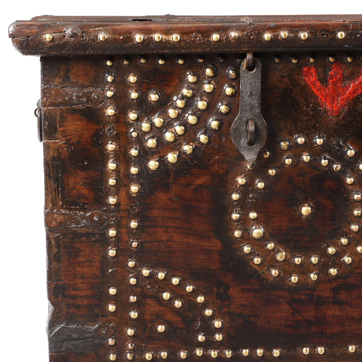 Corner Detail From Antique Rosewood Studded 'Zanzibar' Chest From Kutch | Indigo Antiques