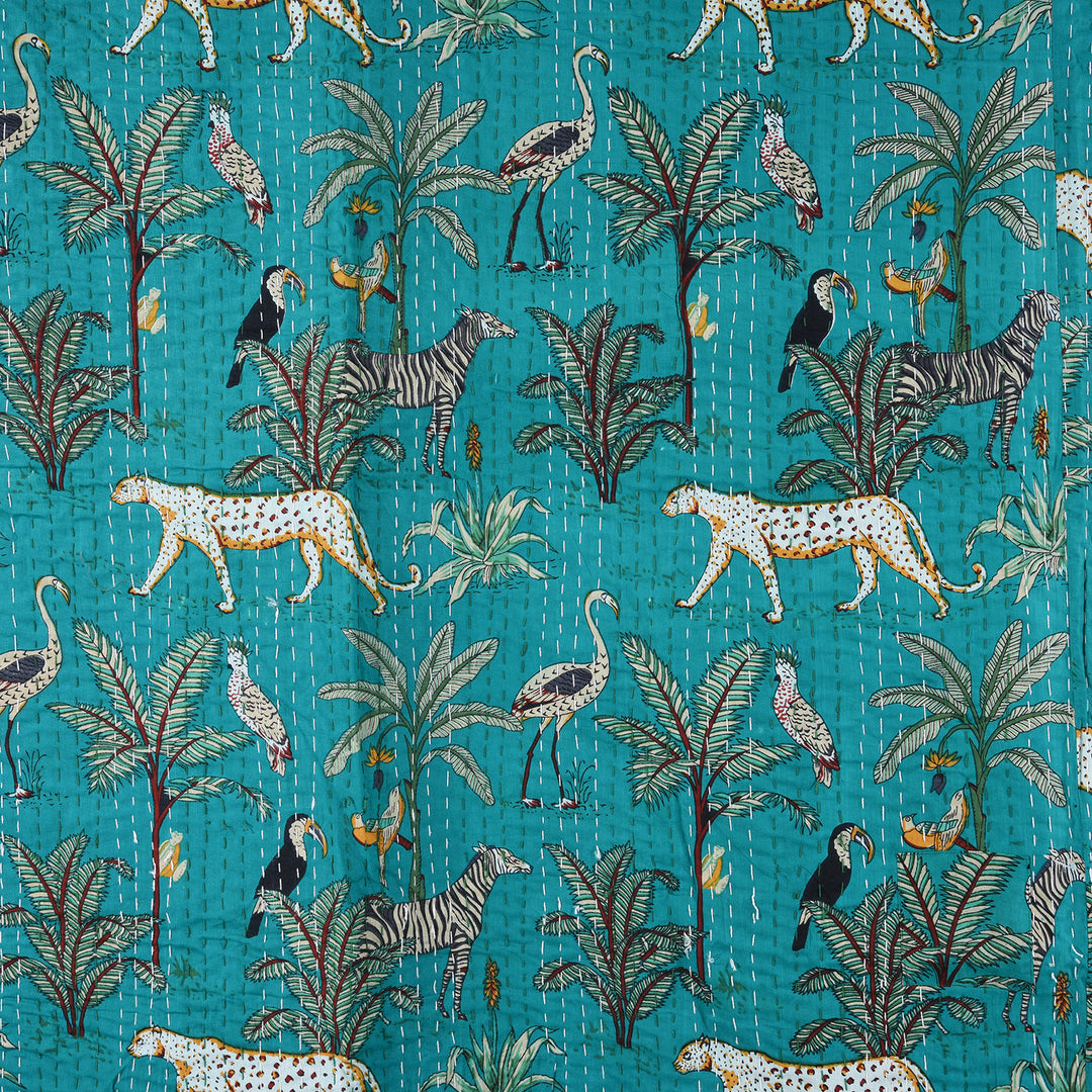 Pattern Detail On Dark Jade Green Jungle Print Cotton Kantha Throw  - Double bed Size | Indigo Antiques