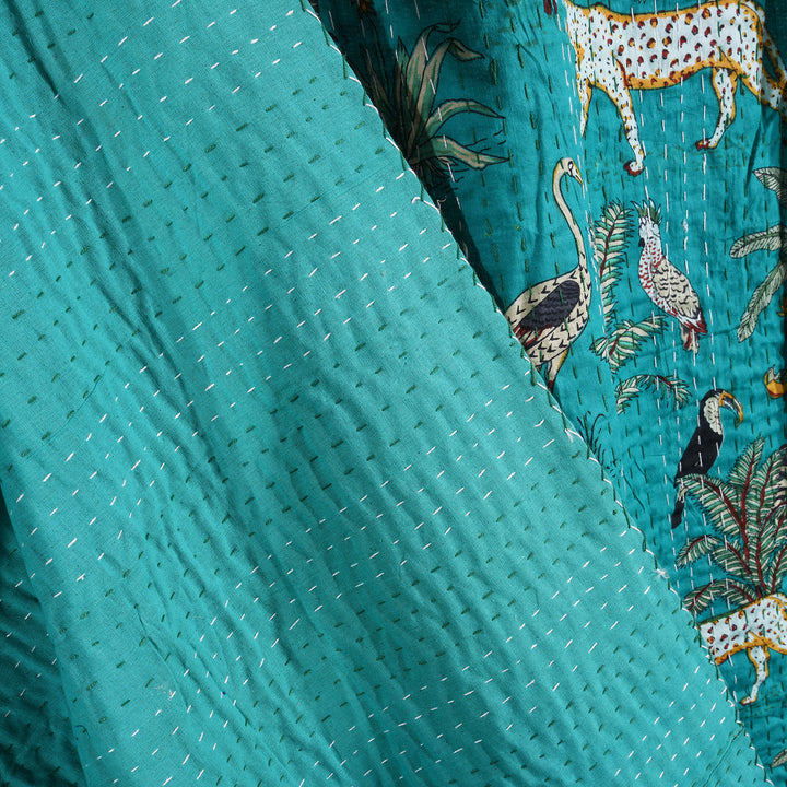 Back Of Dark Jade Green Jungle Print Cotton Kantha Throw  - Double bed Size | Indigo Antiques