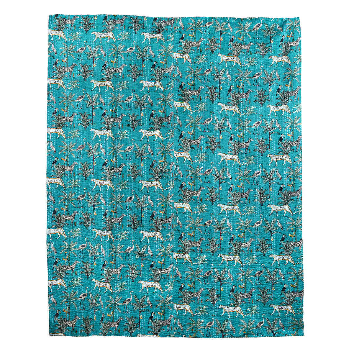 Dark Jade Green Jungle Print Cotton Kantha Throw  - Double bed Size | Indigo Antiques