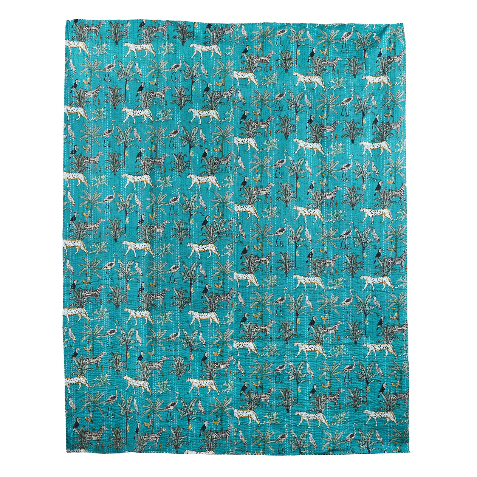 Dark Jade Green Jungle Print Cotton Kantha Throw  - Double bed Size | Indigo Antiques