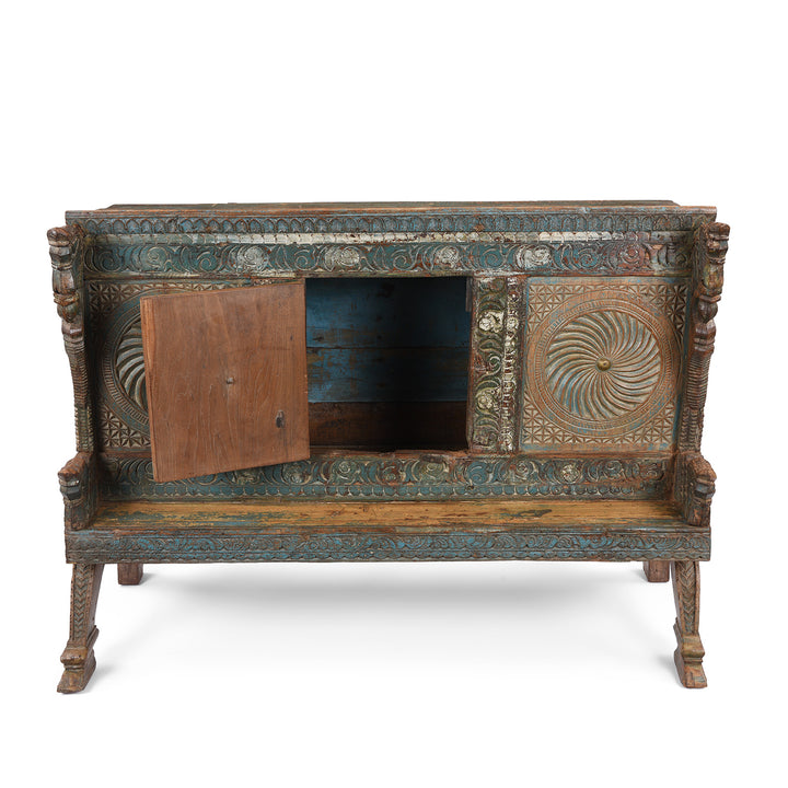 Open Door View Of Antique Carved Teak "Manjus" Dowry Chest From Gujarat | Indigo Antiques