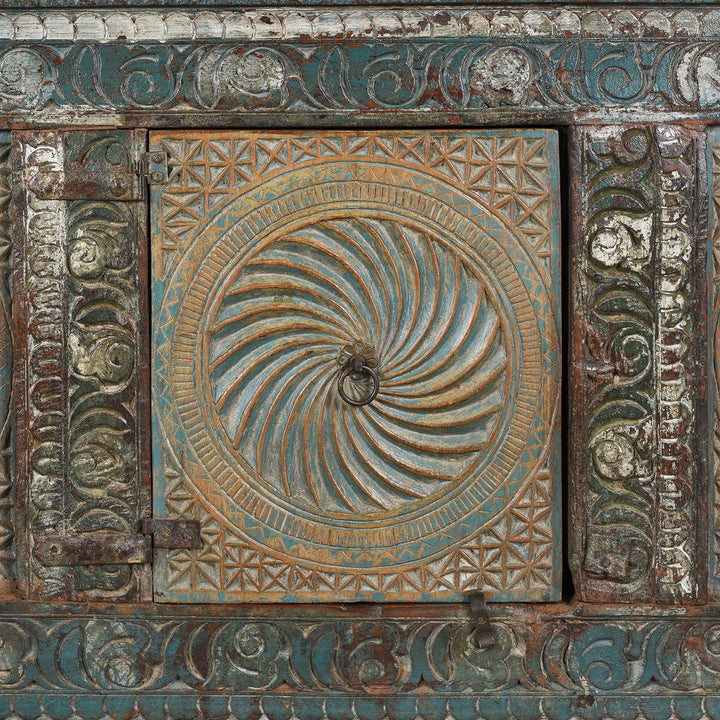 Central Door Detail From Antique Carved Teak "Manjus" Dowry Chest From Gujarat | Indigo Antiques