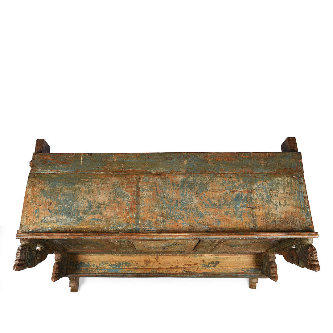 Top Down VIew Of Antique Carved Teak "Manjus" Dowry Chest From Gujarat | Indigo Antiques