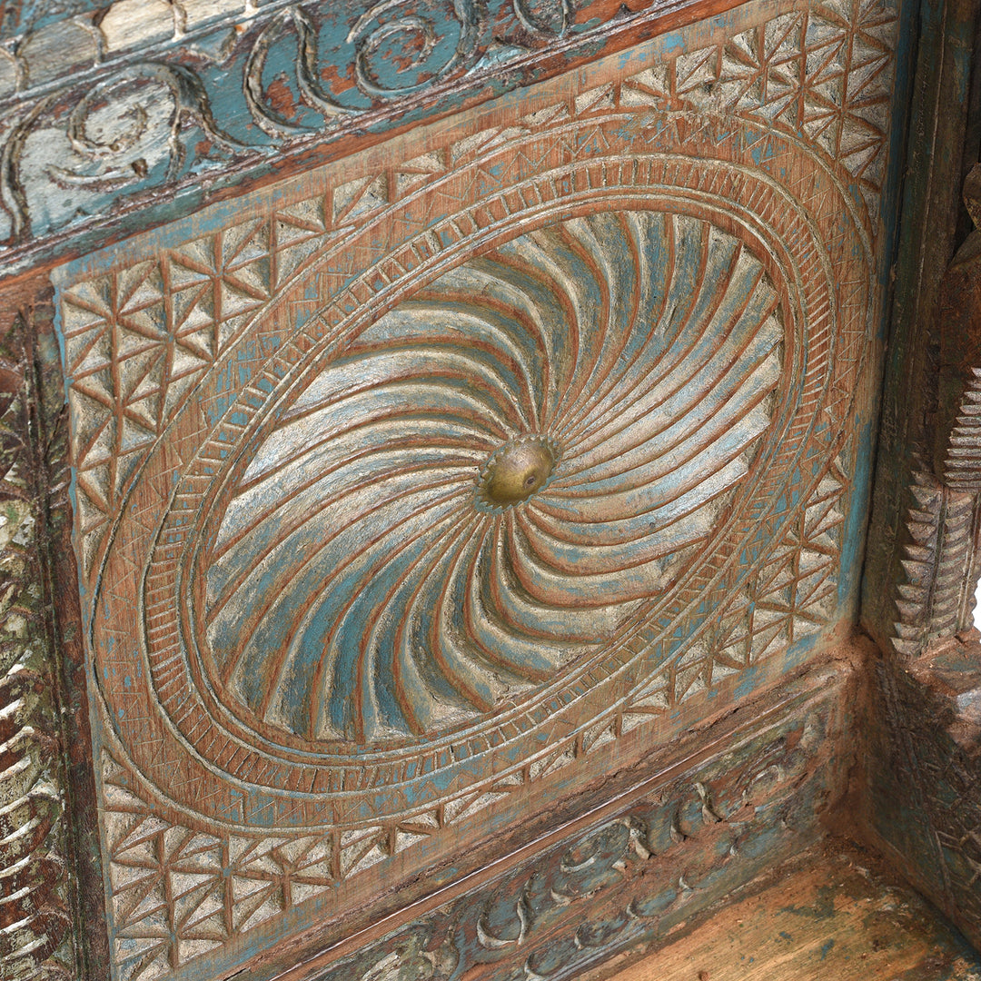 Carving Detail From Antique Carved Teak "Manjus" Dowry Chest From Gujarat | Indigo Antiques
