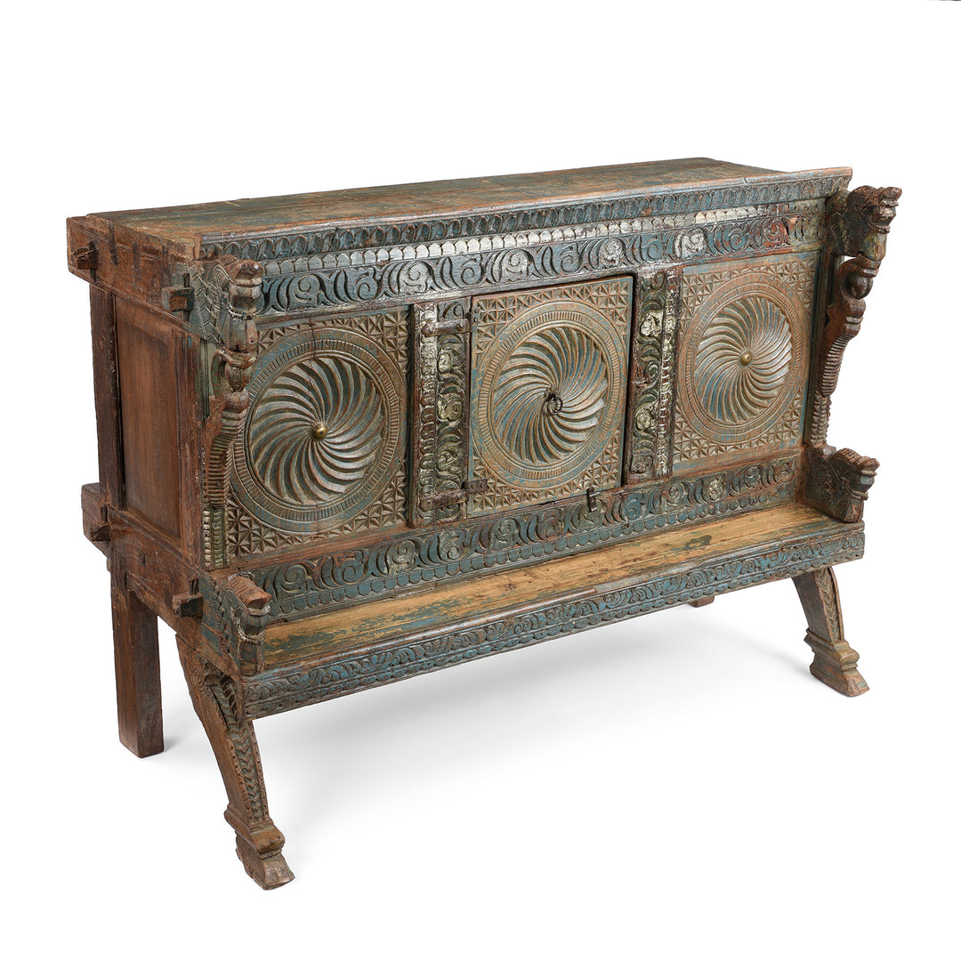 Angled VIew Of Antique Carved Teak "Manjus" Dowry Chest From Gujarat | Indigo Antiques
